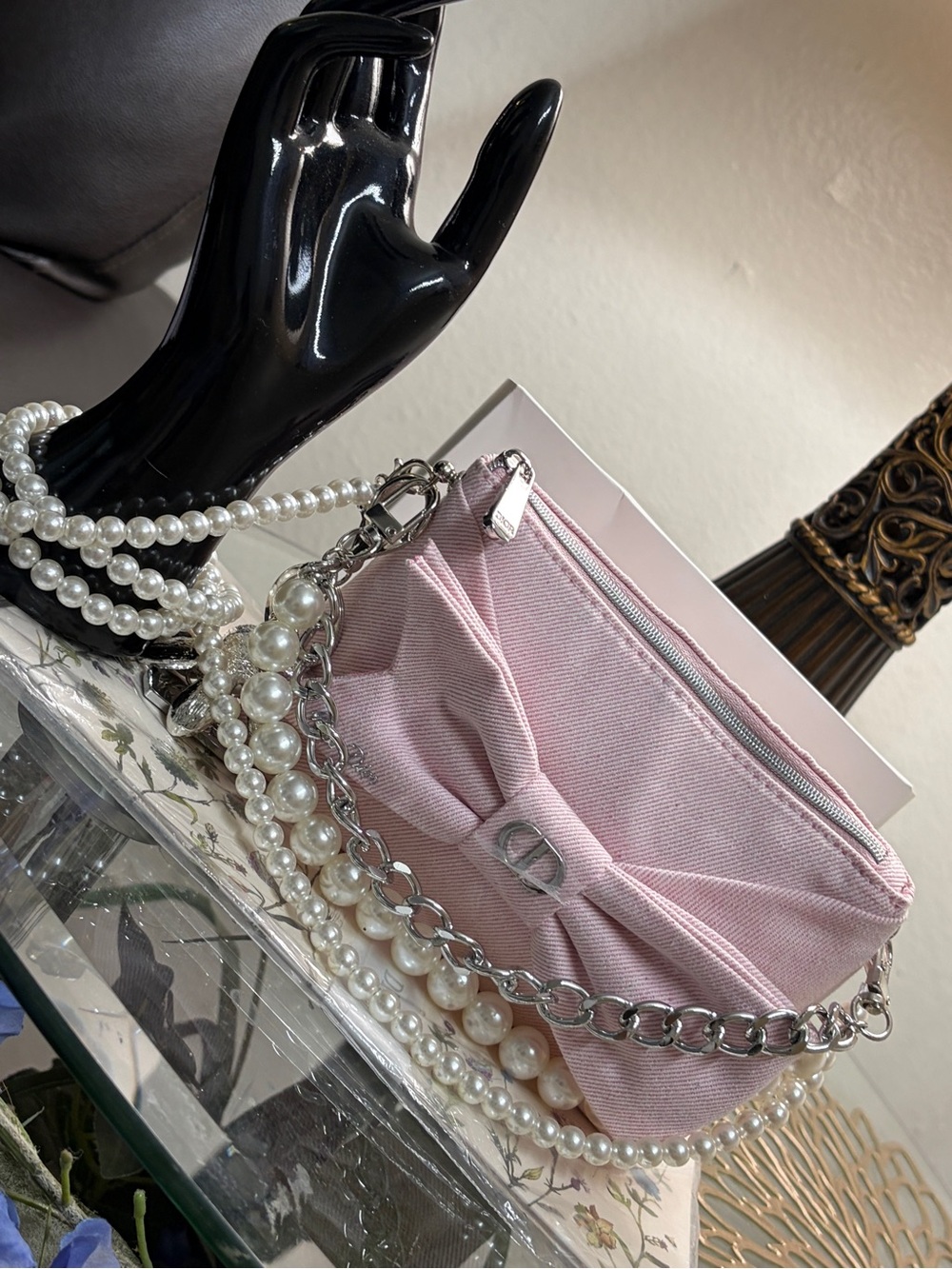 Dior Pink Bow Mini Shoulder Bag with Pearl & Chain Straps - Picture 11 of 16
